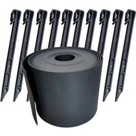 Bordure de Jardin en PE 10 mètres avec 12 Piquets d’ancrage Bordurette de Pelouse Aspect Naturel Hauteur 15cm Epaisseur 3mm noir (1/5)