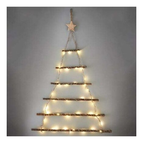 Décoration Murale Sapin De Noël Lumineux AULOOS - En Bois Naturel, Guirlande Intégrée, à Suspendre, Blanc, Style Minimaliste