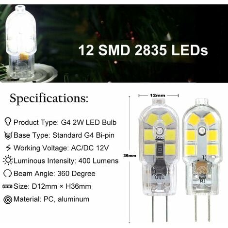 Pack De 10 G4 2W LED Ampoule, AC/DC 12V, 20W Ampoules