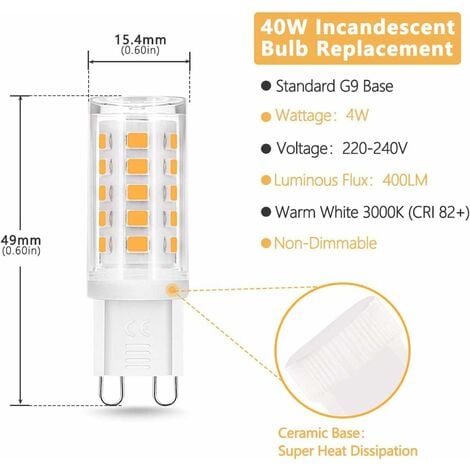 Ampoules Led G9, 4W équivalent à 40 W Culot halogène 400 lm, Blanc Chaud 3000K, Angle de rotation à 360 °, Not Dimmable, pour Ceiling Lighting,Kitchen,6 Pack [Classe énergétique F]