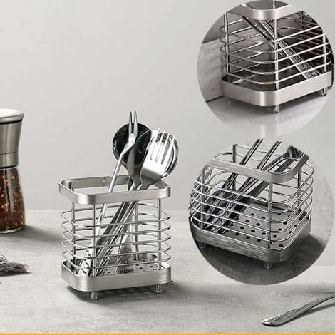 Égouttoir Rangement Couverts, Support Panier Pour Couteaux, Fourchettes, Cuillères, Ustensiles de Cuisine Porte-couverts Acier Inoxydable, Argent