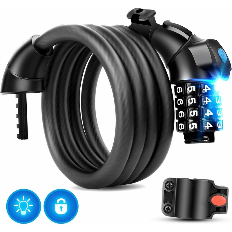 Candado Para Bicicleta A Prueba De Agua, 150 Cm X 12 Mm Candado De Cable De Metal Candado Para Bicicleta Candado De Combinación Multifuncional De 4 Dígitos, Con Luz Led Montaje De Montaña Para Motocicletas, Puertas, Scooters - Dksfjkl