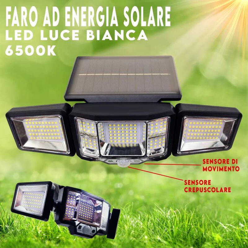Faretto LED Solare Da Esterno Con Sensore Di Movimento - 288 LED, 3 Modalità, Cavo 5m, IP65 Impermeabile, 1 Pezzo