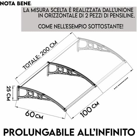 PENSILINA TETTOIA MODULARE PER PORTA FINESTRA PER ESTERNO IN POLICARBONATO  FUME' 80x100 cm