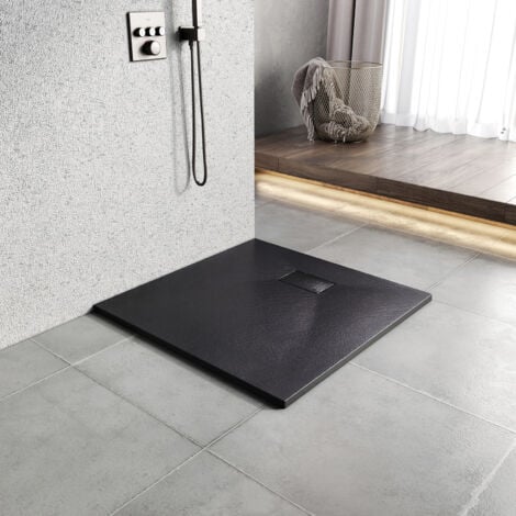 Heilmetz Receveur de Douche L. 90 x l. 90 cm Noir Carré Semblable à la Pierre Bac à Douche Extra-Plat en SMC, Drainage Rapide