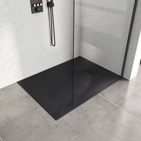 Heilmetz Receveur de Douche L. 90 x l. 90 cm Noir Carré Semblable à la Pierre Bac à Douche Extra-Plat en SMC, Drainage Rapide