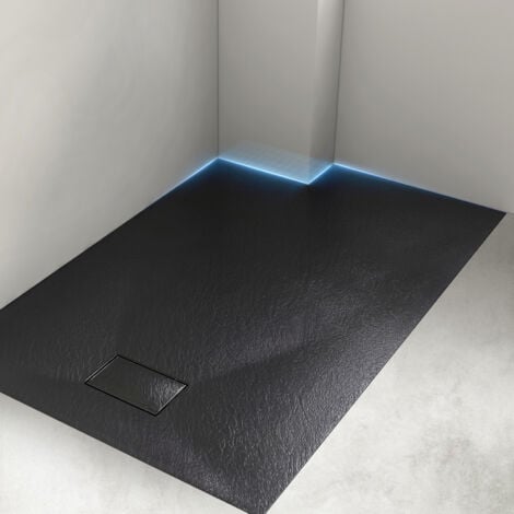 Heilmetz Receveur de Douche L. 90 x l. 90 cm Noir Carré Semblable à la Pierre Bac à Douche Extra-Plat en SMC, Drainage Rapide