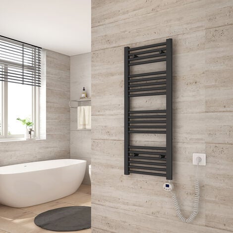 Heilmetz Sèche Serviette électrique 100 x 40 cm, Anthracite Tubes Ronds Radiateur Mural Salle de Bain avec Timing Elément de Chauffage Electrique