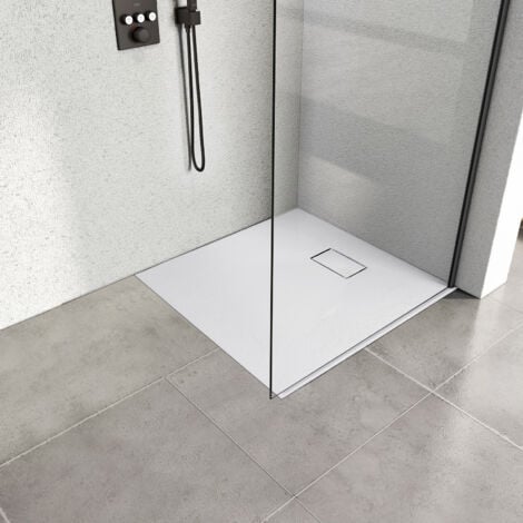 Heilmetz Receveur de Douche L. 80 x l. 80 cm Blanc Carré Semblable à la Pierre Bac à Douche Extra-Plat en SMC, Drainage Rapide