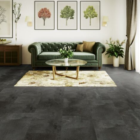Gerflor – Dalle de sol PVC clipsable effet pierre shale black – Résistant à l'eau – Installation rapide – 1.98 m² pour pièces humides