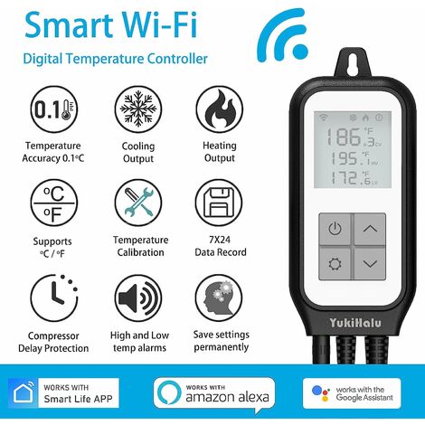 WiFi-Digitalthermostat mit Sonde, APP-Fernbedienung, 2-Ausgangs-Temperaturregler mit Heizung und Kühlung, für Reptilienaquarien, Homebrew