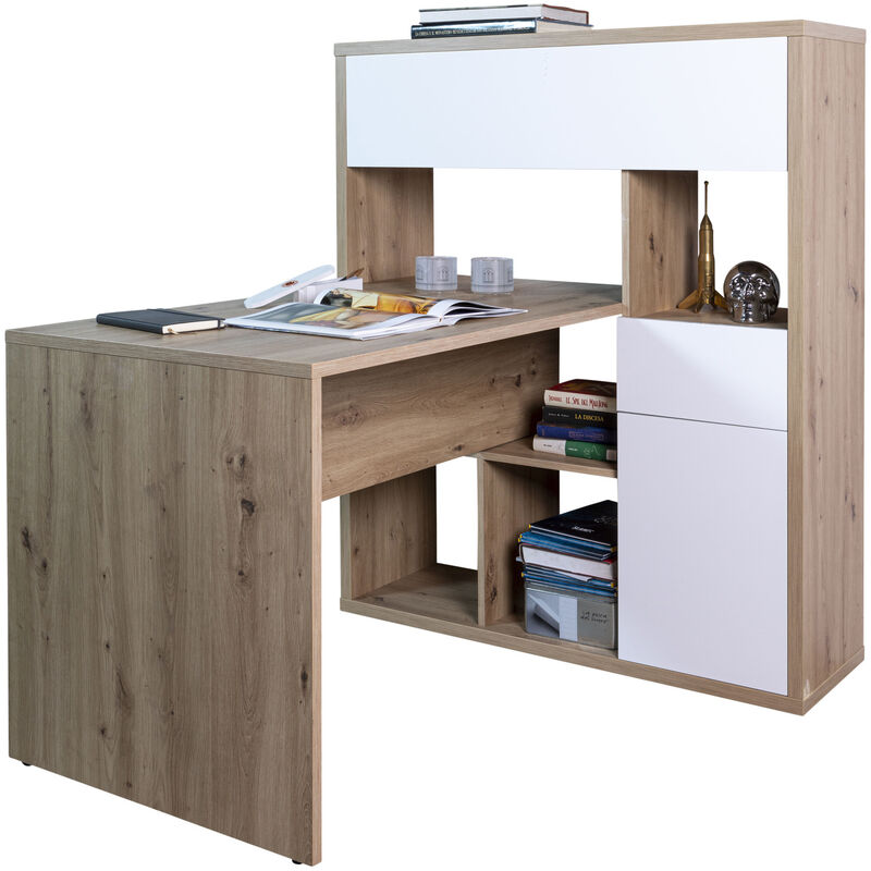 COMPOSAD Scrivania con Libreria della Linea COLLEGIO, 2 Ante e 1 Cassetto,  Cameretta, Ufficio, Studio, (LxAxP) 132,5x130,90x109,7 cm, Rovere Miele e  Bianco Laccato, Made in Italy