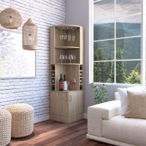Tuhome Concept – Meuble bar d'angle Kava Beijing – Casiers à vin – 180 cm H x 46.9 cm L x 46.9 cm P – Finition miel – Pour 8 bouteilles