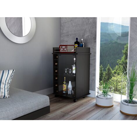 Tuhome Concept – Chariot de bar noir avec roues – Dimensions 89cm H x 55cm L x 41.5cm P – Porte en verre et étagères pour rangement – Meuble bar moderne