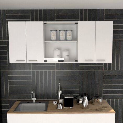Tuhome Concept – Meuble de cuisine blanc avec 4 portes – Dimensions 150 x 31,5 x 60 cm – Panneaux d'aggloméré et mélamine – Pour rangement moderne (1/4)