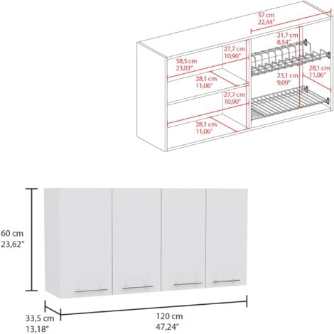 Meuble de cuisine 120 avec quatre portes, deux étagères et rangement pour ustensiles de cuisine , 60 X 120 X 33.5 cm , Blanc