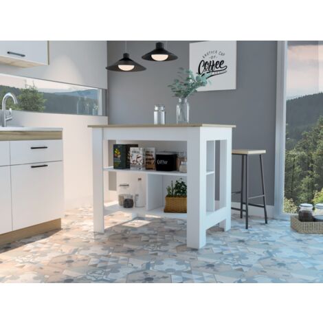 Ilot de cuisine antibactérien Cala, surface antibactérienne et trois étagères 90 CM H X 103 CM L X 70 CM P. Blanc / Duna (1/4)