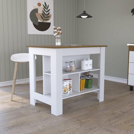 Tuhome Concept – Îlot de cuisine Cala – Desserte avec 3 étagères – Dimensions 90cm H x 103cm L x 70cm P – Bois mélaminé blanc et caramel