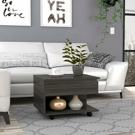 Tuhome Concept – Table basse relevable avec roulettes – Dimensions 39,1 cm H x 55 cm L x 50 cm P – Bois manufacturé mélaminé – Espace de rangement intégré (1/4)