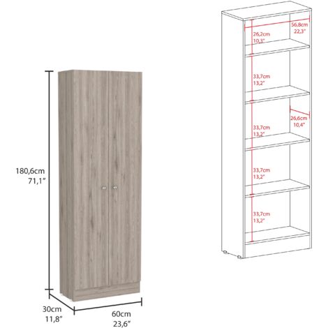 Armoire multifonctionnelle Z 60, avec deux portes et étagères intérieures , 180.59 cm X 59.94 cm X 29.97 cm , Gris / argent