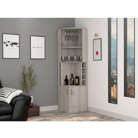 Tuhome Concept – Meuble bar d'angle avec porte-verre – Dimensions 180,6 cm x 46,9 cm x 46,9 cm – Espace de rangement pour 8 bouteilles – Design moderne gris