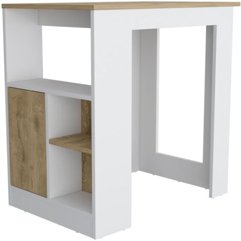 Tuhome Concept – Îlot de cuisine Oviedo – Dimensions : 91,3 cm de haut x 92 cm de large x 59 cm de profondeur – Panneaux de particules finition blanche et bois de macadamia (1/5)