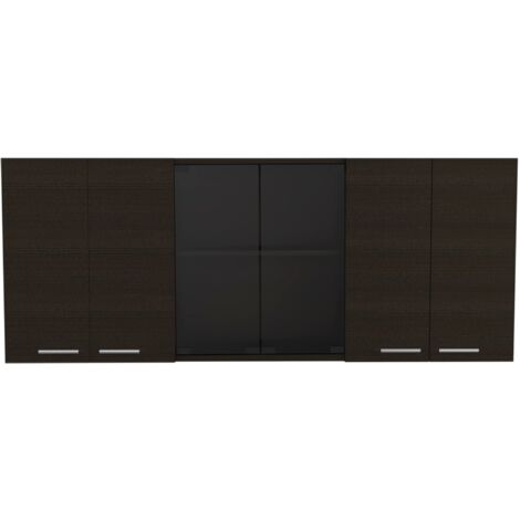 Tuhome Concept – Meuble haut de cuisine noir avec 4 portes – Étagère en verre – Largeur 150 cm – Hauteur 60 cm – Profondeur 31,5 cm (1/5)
