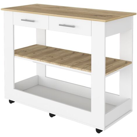 Tuhome Concept – Îlot de cuisine Brooklyn – 6 roulettes avec verrouillage – 2 tiroirs et 2 étagères ouvertes – Panneaux de particules blanc et chêne clair (1/5)