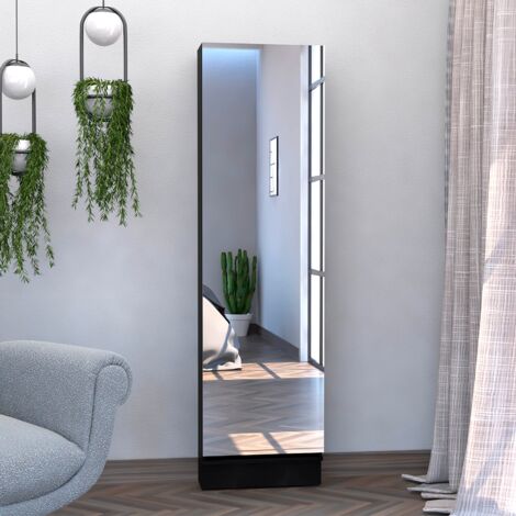 Tuhome Concept – Étagère à chaussures Leto XL – Miroir intégré – 5 étagères intérieures – Dimensions : 170 cm H x 47 cm L x 19 cm P – Finition aggloméré noir