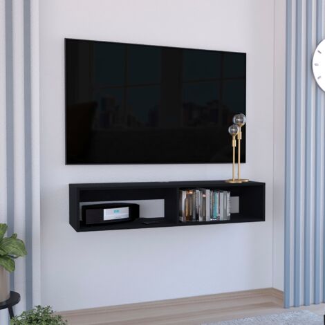 Tuhome Concept – Etagère multimédia Rockwood – Mélamine noire – 2 étagères ouvertes – Dimensions 121,1 x 25,3 x 32 cm – Design moderne pour espaces restreints (1/5)