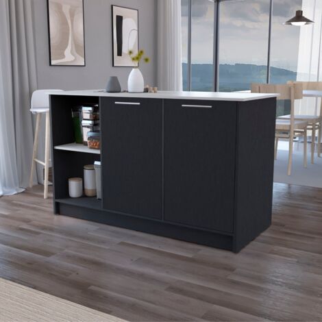 Tuhome Concept – Îlot de cuisine Juniper en mélamine – 2 portes – 3 étagères – Noir Ibiza – Dimensions 90 x 150 x 64 cm – Certifié CARB phase II