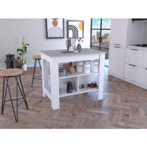 Tuhome Concept – Îlot de cuisine Cala – 3 étagères de rangement – Largeur 103 cm, profondeur 70 cm – Panneaux de particules mélaminés – Couleur blanc/Ibiza (1/5)