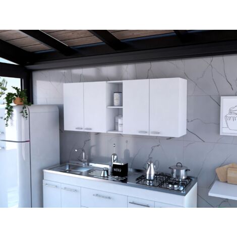 Tuhome Concept – Meuble de cuisine mural Portofino 150 – 4 portes doubles – 2 compartiments ouverts – Finition blanche – Rangement optimisé pour assiettes et verres (1/5)