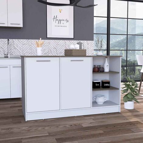 Tuhome Concept – Îlot de cuisine Ginger 150 cm x 67 cm – Bois Blanc Neige / Noisette – Rangement avec étagères intérieures et ouvertes – Table d'appoint (1/5)