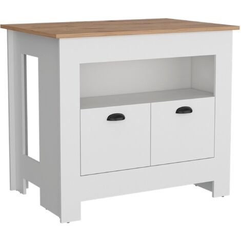 Tuhome Concept – Îlot de cuisine Arlet – Mélaminé blanc et macadamia – 2 portes, 3 étagères – Dimensions : 89.9 cm H x 103 cm L x 70 cm P (1/5)