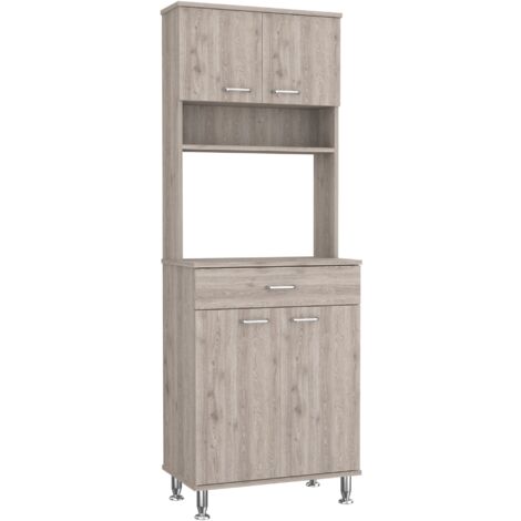 Garde-manger Della en mélamine avec 5 étagères, 4 portes, espace pour micro-ondes et 1 tiroir avec rails métalliques, gris, 169 cm X 60 cm X 35 cm
