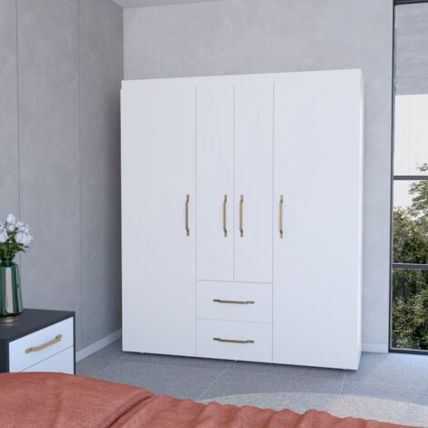 Armoire Bariloche en mélaminé avec 4 portes, 4 étagères, 3 tringles à vêtements et 2 tiroirs, blanc, 177.9 cm X 150.3 cm X 50.4 cm (1/5)