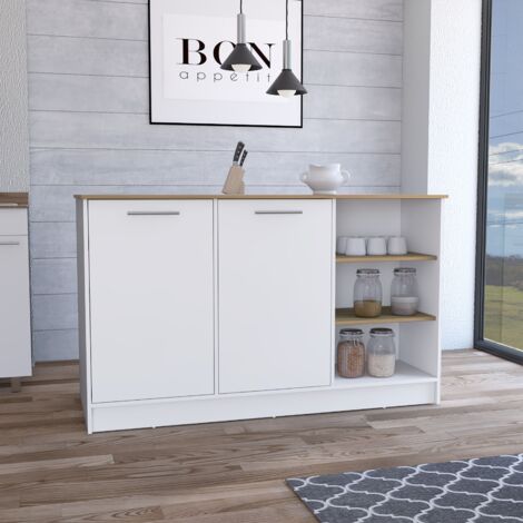 Ilot de cuisine Ginger en mélaminé avec 7 étagères et 2 portes, multicolore, 90.6 cm X 150 cm X 67 cm (1/5)