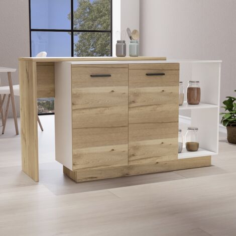 Tuhome Concept – Îlot de cuisine Sicilia en mélaminé – 2 portes – 3 étagères – Dimensions 90 cm x 150 cm x 60 cm – Design moderne multicolore (1/5)