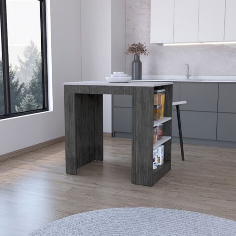 TUHOME Îlot de Cuisine Harlan, Surface à Hauteur de Comptoir avec 3 Étagères Latérales, Chêne Fumé / Marbre Ibiza (1/5)