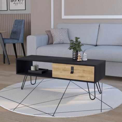 TUHOME Table Basse Kimball avec Tiroir et Pieds Épingles, Noir / Macadamia (1/5)