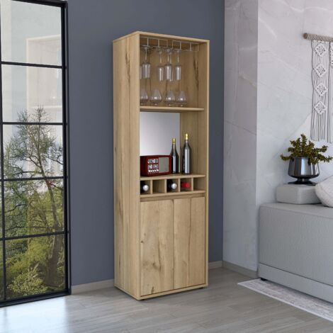 Meuble bar en mélamine Prana avec 4 étagères, 2 portes, 4 porte-bouteilles et 6 porte-verres , beige , 180 cm X 58.4 cm X 37 cm (1/5)