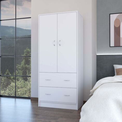 Armoire Taly en mélaminé avec 2 portes, 1 étagère, 1 tringle à vêtements et 2 tiroirs avec rails métalliques, blanc , 180.1 cm X 78.7 cm X 48.4 cm (1/5)