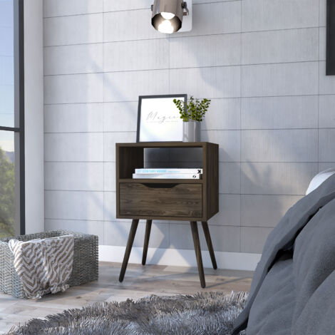 Chevet Otom en mélamine avec 1 étagère et 1 tiroir avec rails métalliques, marron, 63 cm X 40 cm X 35 cm (1/5)