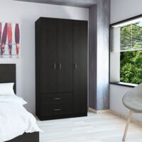 Tuhome Concept – Armoire 3 portes noire avec 2 tiroirs – Dimensions : 180 cm H x 90 cm L x 47 cm P – Panneaux de particules mélaminés – Espace de rangement optimisé