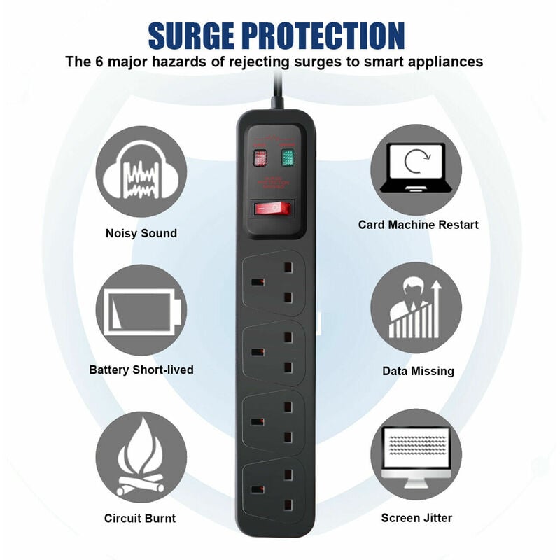 4 Way Extension Lead Surge Protecetd with Switched Socket Black, 1M