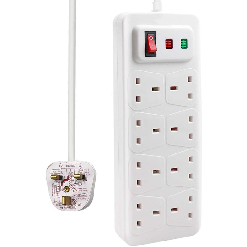 8 Way Extension Lead Surge Protecetd with Switched Socket White, 2M