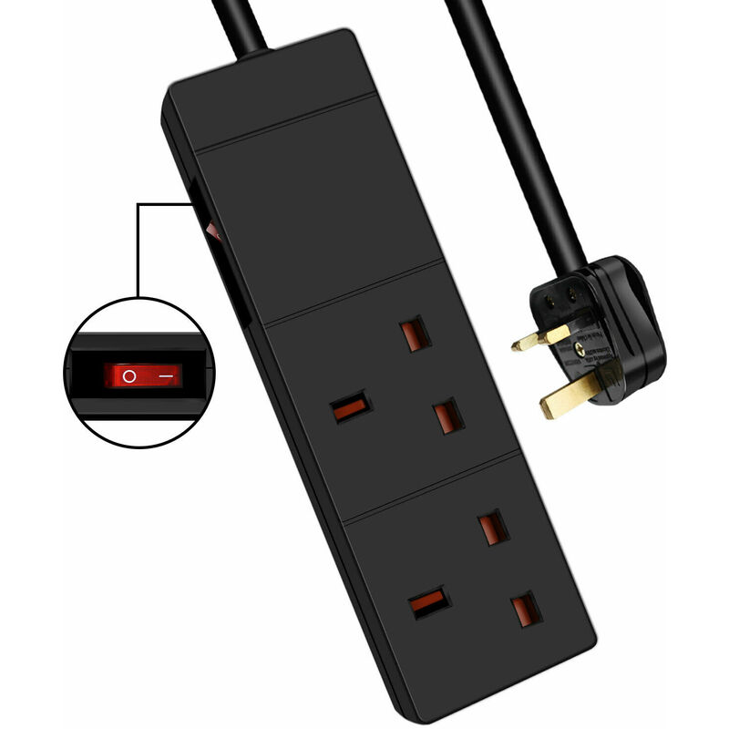 2 Way Extension Leads with Cable 1M, Black, with Switch, Child