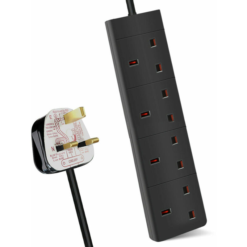 4 Way Extension Leads with Cable 3M, Black, ChildResistant Sockets