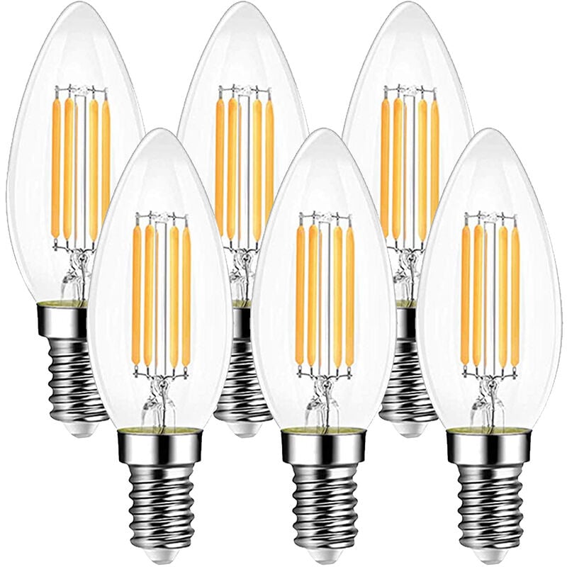6W LED Candle Light Bulb E14, 3000K, Warm White, Clear Glass (Pack of 6)